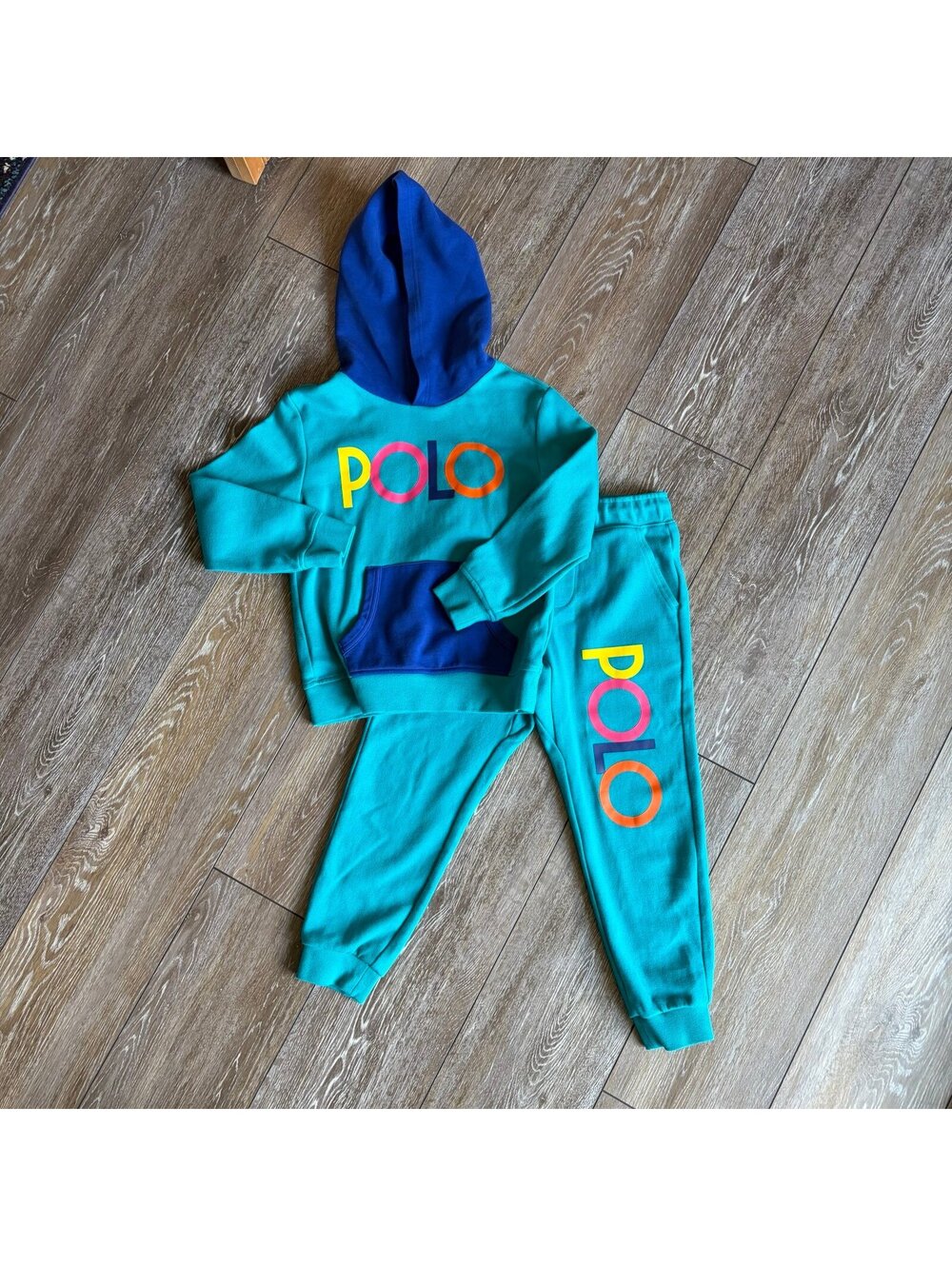 Polo Ralph Lauren Spectre Multi Color Logo Hoodie Aqua and Joggers size 7